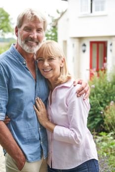 Portrait Of Mature Couple Standing In Garden In Front Of Dream Home In Countryside                               