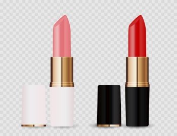 Realistic 3D light pink and red lipstick icon isolated on transparent background. Vector Illustration EPS10. Realistic 3D light pink and red lipstick icon isolated on transparent background. Vector Illustration