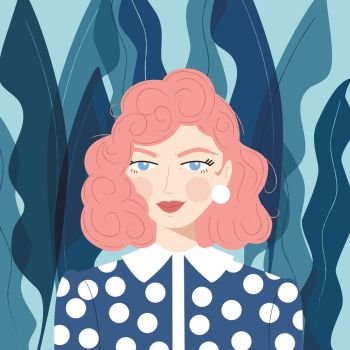 Portrait of a girl with pink hair with patterned blouse and earrings, on blue plant background, flat vector illustration