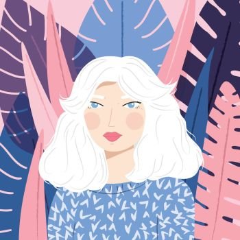 Portrait of a girl with white hair with patterned sweater, on pink background with purple tropical leaves, flat vector illustration