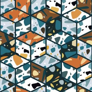 Terrazzo seamless pattern design with hand drawn rocks with honeycomb pattern. Abstract modern background, flat vector illustration