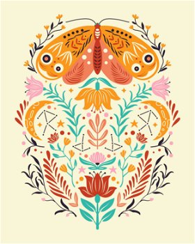 Spring motifs in folk art style. Colorful flat vector illustration with moth, flowers, floral elements and moon. 
