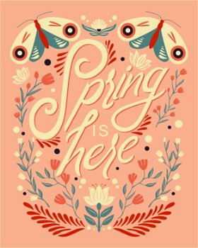 Colorful decorative handwritten typography design with animals and flower decoration. Spring hand lettering illustration design. Spring motifs in folk art style. Colorful flat vector illustration. 