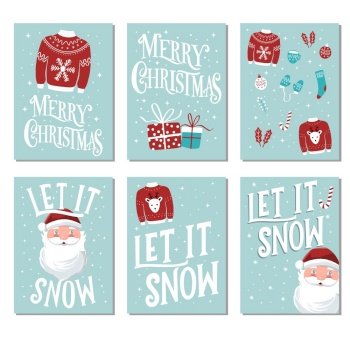 Collection of Christmas and New Year card templates with Santa Claus and hand drawn lettering typography. Holiday icon set. Colorful vector illustration.