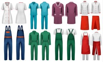 Set of overalls with worker and medical clothes. Design template. Vector illustration. 