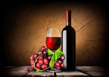 Bottle of red wine, grapes and wooden barrel. Bottle of red wine,