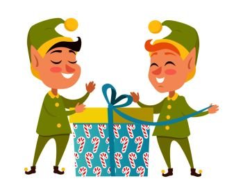 Two happy elves with big present on white background worn in green with yellow costumes and hat. Vector illustration of pixies with gift pack for children. Pattern of candies on box with blue ribbon. Two Happy Elves with Present on White Background