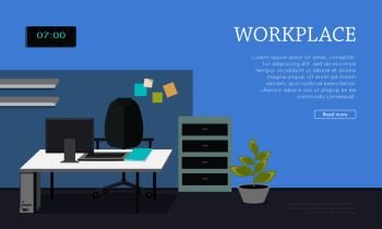Workplace conceptual vector web banner. Flat style. Office room with armchair, computer monitor on the desk, rack with documents. Comfortable place for work modern business apartments design. Workplace Concept Vector Web Banner in Flat Design