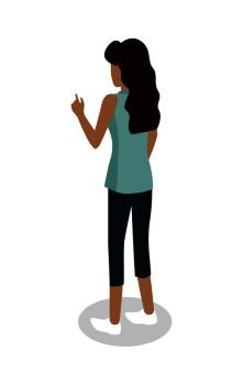 Street food buyer isolated. Woman in casual cloth points on something by finger. Cartoon character wants to buy a snack. Concept illustration for street food consumption. Back view. Fast food. Vector. Woman in Casual Cloth Point on Something by Finger