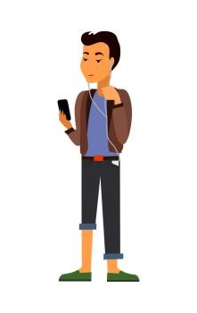 Teenager with gadgets. Young boy in casual closing with mobile phone listening music from portative player flat vector isolated on white. Communication in social media and using online services . Teenager with Gadgets Flat Vector Illustration 