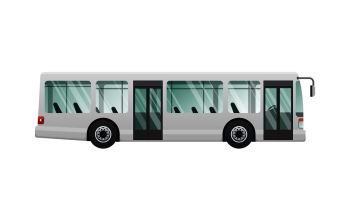 Transport. Urban public transport. White passenger bus with two automatic doors. Fast long four-wheeled mean of transportation. Front and back headlights. Simple cartoon style. Flat design. Vector.. Transport. Picture of Isolated Urban Public Bus