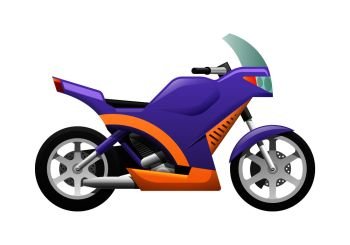 Sport violet motorcycle with wavy orange lines isolated on white. Speed mean of transportation in cartoon style. Front clear glass. Safe urban vehicle. Side view. Flat design. Vector illustration. Isolated Violet Motorcycle with Wavy Orange Lines