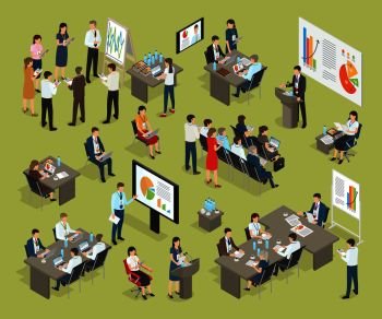 Business coaching vector collection in office. Workers with badges hanging on neck stand near stand with diagram, listen to boss, use electronic devices, discuss issues of day. Working process. Business Coaching Vector Collection in Office