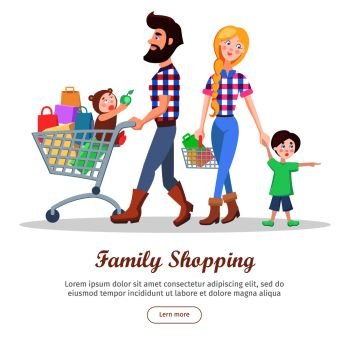Family shopping banner. Hipster man and woman make purchases with kids cartoon flat vector illustration isolated on white background. Father and mother buying gifts on sale with son and daughter. Family Shopping Cartoon Flat Vector Concept