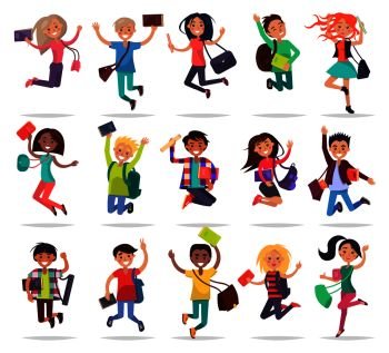 Jumping smiling people with bags and books in raised hands. Collection of students full of joy and delight about passing exams well on white. Vector illustration of students freedom and happiness. Jumping Happy People with Bags and Books in Hands