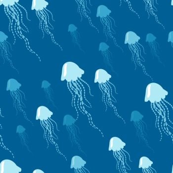 Jellyfish cartoon seamless pattern. Jellyfishes swimming in ocean flat vector illustration. Tropical aquatic fauna For wrapping-paper, cards, prints on fabric, kid s books illustrating. Jellyfish Cartoon Vector Seamless Pattern