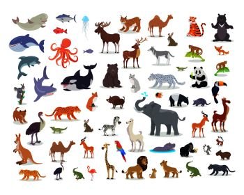 Big set of wild animals cartoon vectors. African, Australian, Arctic, Asian, South and North American fauna predators and herbivorous species.  Aquatic animals, fishes, tropical birds isolated icons  . Big Set of World Animal Species Cartoon Vectors 