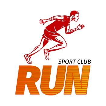 Run sport club logotype with motto credo for fitness center. Red running sportsman logo on white. Fitness keeps fit sport lifestyle vector illustration. Strong body of fast jogging man in flat style. Run Sport Club. Jogging Man. Fast Jogger. Vector