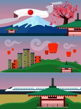 Japan travelling banner. Landscape with traditional Japanese landmarks. Skyscrapers and private buildings. Nature and architecture. Part of series of travelling around the world. Sky lanterns. Vector. Japan Travelling Banner. Japanese Landmarks