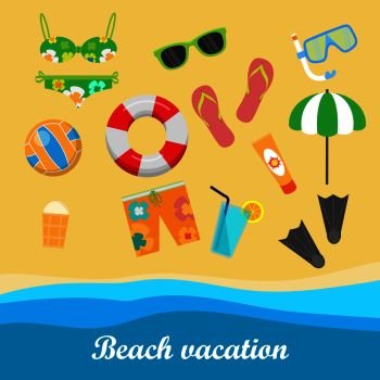Beach vacation vector concept. Leisure on seacoast. Coastline with stuff for summer resting and entertainment on sand. For travel company ad, vacation concept, printed materials, web design. Beach Vacation Vector Concept in Flat Style Design