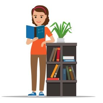 Woman reading textbook in library. Female student standing near bookshelf with open book in hand flat vector isolated on white. Enthusiastic reader illustration for educational and hobby concept
