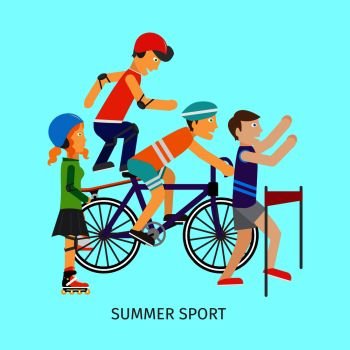 Summer sport vector concept. People in sportswear running, riding bike, skate rollers, skateboard. Victory in sport competition. Moving activity and healthy life. For sport concept, ad, web design. Summer Sport Vector Concept in Flat Design