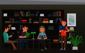 Four characters, men and women, sit at table with lamp on it and read books in Library, big bookcase as background. Education process illustration. Cartoon characters in library vector illustration.. Cartoon People Read Books at Library. Library Room