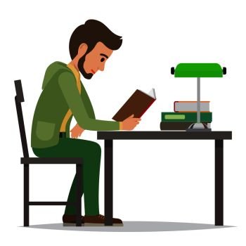 Young man reading textbook in library. Student seating at the table with open book in hands flat vector isolated on white background. Enthusiastic reader illustration for educational and hobby concept. Student Reading Textbook in Library Flat Vector 