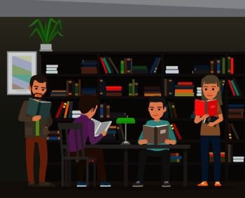 People reading textbooks in library. Men and women seating and standing with open books in interior with bookshelves flat vector. Enthusiastic readers illustration for educational and hobby concepts. Students Reading Textbook in Library Flat Vector 