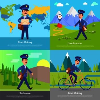 World delivery complex post service banner with postman. Mailman on bicycle rides on road near mountains. Express messenger to any part of the globe. Vector illustration of advertisement set. World Delivery Banner Postman. Mailman on Bicycle