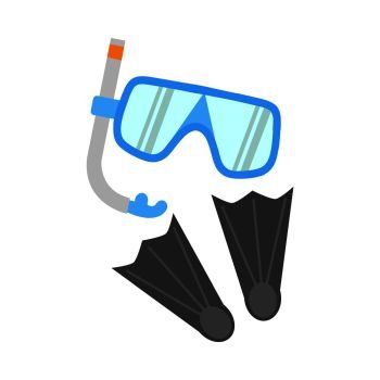 Snorkel, flippers and mask isolated on white background. Blue diving mask, snorkel and pair of grey flippers. Fins, scuba mask and tube. Diving equipment objects. Underwater swimming. Vector. Snorkel, Flippers and Mask Isolated on White