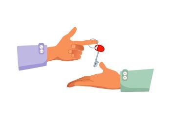 One hand giving key to another. Process of buying renting selling in cartoon style flat design. Vector illustration of two isolated arms with key. Agreement between two people about sales purchase.. One Hand Giving Key to Another. Process of Buying