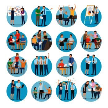 Office teamworking process vector collection on white. Typical day in office, planning, discussing, making diagrams, presenting ideas and charts, consulting, winning and celebrating round pictures. Office Teamworking Process Collection on White