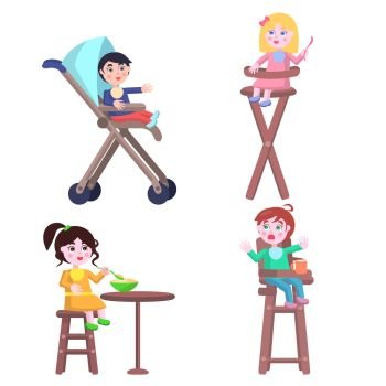 Set of different children two boys and two girls who ask for food, eat or cry, three of them sit on highchair and one in baby carriage. Vector illustration set of toddler characters for Mother Day.. Set of Children Characters. Happy Mother Day Set.