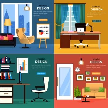 Interior design of four office rooms with modern furniture web vector banner. Two studies with wooden tables, comfortable chairs and computer, and two rooms with sofas, round coffee table and stand. Interior Design of Office Rooms with Furniture