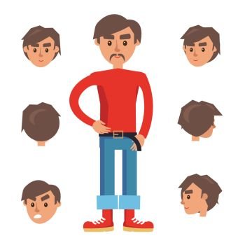 Man Constructor. Character in red turtleneck, jeans and red sneakers isolated on white background. Set of six heads includes faces with different emotions and foreshortening vector illustration.. Man Constructor. Character with Set of Six Heads