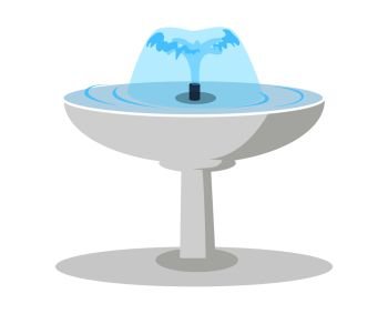 White round fountain with spouting water flat vector isolated on white background. Classic decorative ceramic element for garden or park landscape design illustration. Public fountain with clear water. White Ceramic Fountain with Spouting Water Vector