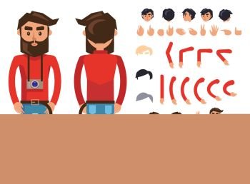 Hipster character constructor with body parts, gesture, gadget and hair colors. Bearded man in red jumper, rolled up jeans and boots with photo camera on neck from different sides isolated flat vector. Cartoon Hipster Man Character Vector Constructor