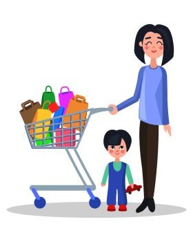 Woman with shopping trolley make purchases with child flat vector illustration. Family shopping concept isolated on white background. Mother buying goods on sale in supermarket with little son. Family Shopping Cartoon Flat Vector Concept