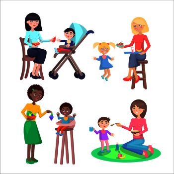 Happy mothers feeds little children set. Young women gives tasty porridge, fruits and juices their little sons and daughters in bibs isolated flat vectors. Toddlers healthy nutrition illustration . Happy Mothers Feeds Little Kids Flat Vectors Set