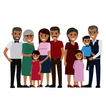 Multi-generation family colourful photo on white. Smiling small daughters, little son on grandfather s hands, young mother and father near their parents. Vector illustration of gathered family. Multi-generation Family Colourful Photo on White