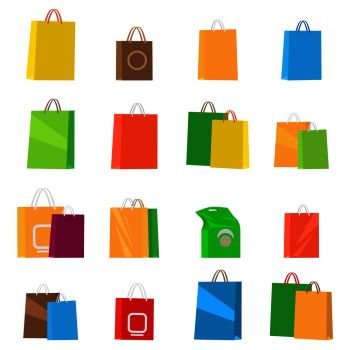 Colorful empty shopping bags isolated vector set. Shopping bags, fashion design, store merchandise, handle package. Colorful paper gift handle package shop, market shopping bags vector illustration.. Colorful Empty Shopping Bags. Isolated Vector Set.