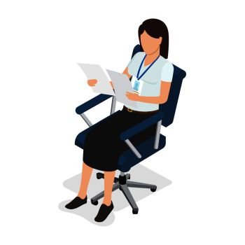 Dark-haired woman sitting in blue chair, holding and looking on two paper on white background. Female with badge dressed in white T-shirt and black midi skirt vector illustration in cartoon style.. Woman Sitting in Chair and Looking on Two Paper