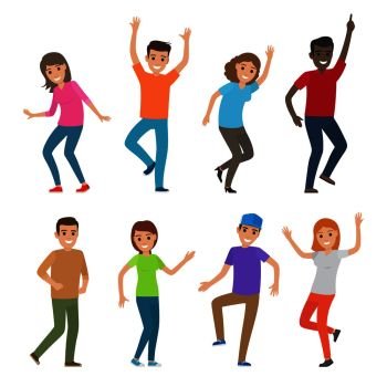 People smile and stand in different dance positions. Young male and female cartoon characters in bright clothes make some moves. Vector illustration of disco time. Party people icons in motion.. People Dance Illustration. Big Set of Characters