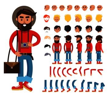 Hipster cartoon character constructor with body parts, emotive heads, haircuts colors. Bearded man in retro clothes with camera on neck and bag over shoulder from different sides view isolated vector. Cartoon Hipster Man Character Vector Constructor