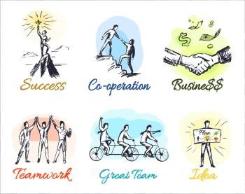 Great success, reliable co-operation, profitable business, friendly teamwork, great team and fruitful idea on white background. Vector illustrations of concepts constituents of businessman life.. Business-Themed Sketches of Profitable Cooperation
