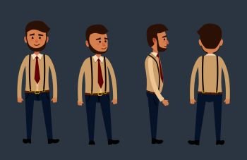 Cartoon male bearded character in jeans with suspenders, red tie and shirt isolated on dark blue background. Man stands in full face, in profile, by half and back. Vector illustration of human model.. Cartoon Male Character with Beard Illustration