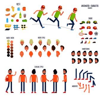 Animated character set human body parts and rest things. Vector poster of moving boy signs, sport equipment, colored hairstyles, bent arms and legs, emotions on faces and man in casual clothes. Character Set with Body Parts and Rest Things