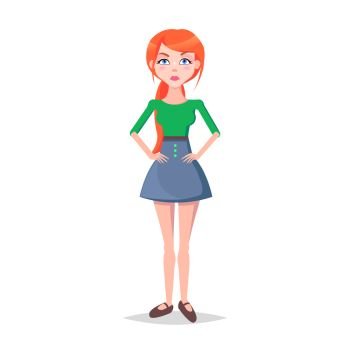 Woman with hands on waist isolated on white. Frustrated redhead girl avatar userpic in flat style design. Vector illustration of upset human emotion in green blouse and blue skirt. Angry lady. Woman with Hands on Waist Isolated on White Vector