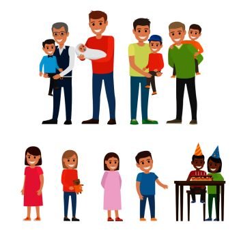 Fathers and grandfathers holding newborn, toddler and babies on hands and back vector poster. Little female and male children standing near table with boy and girl at table with Birthday cake. Fathers Holding Kids on Hands and Children Set